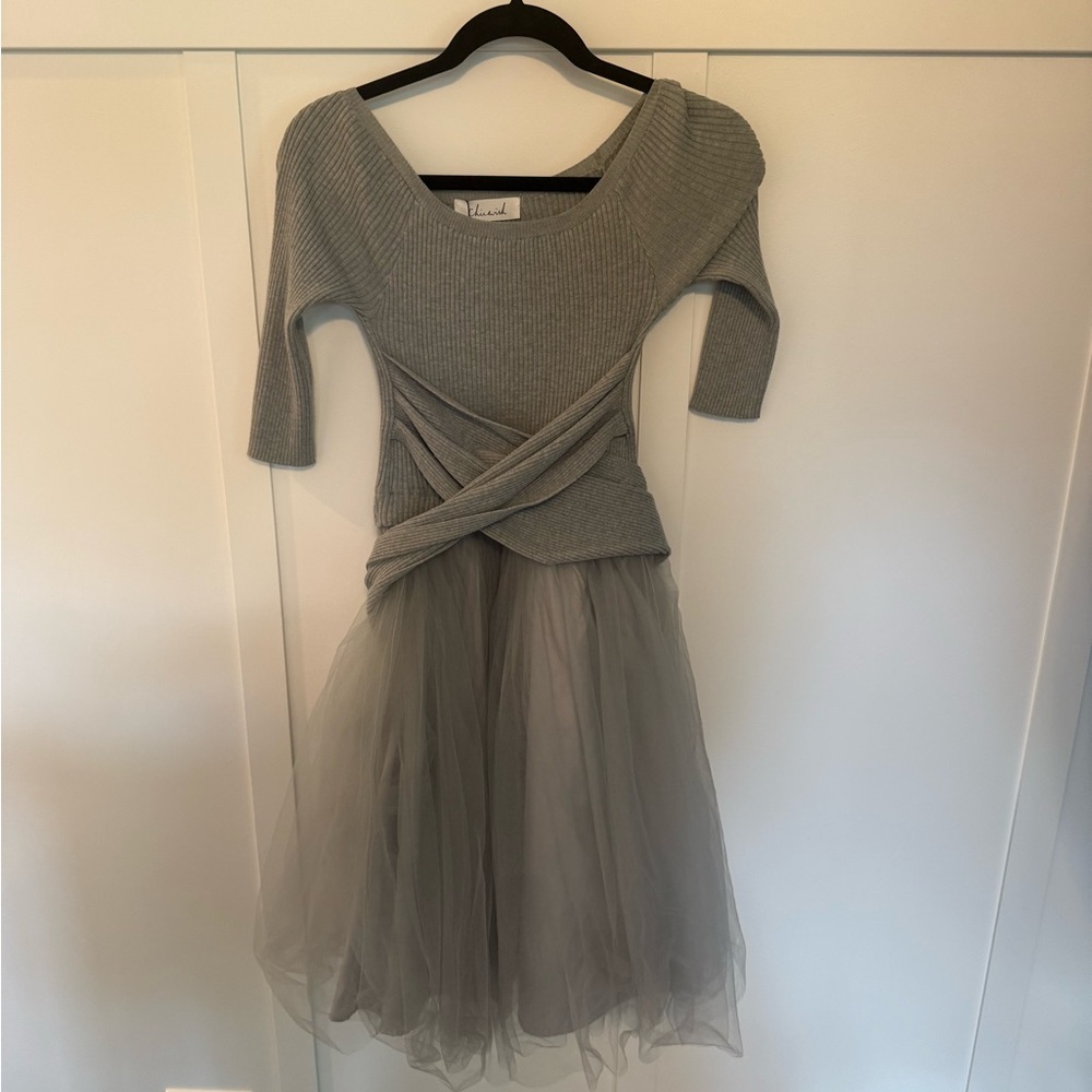 Gray Knit and Tulle Dress